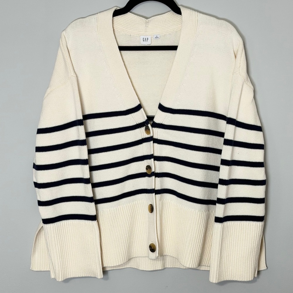 Gap 24/7 Cardigan XL Cream Navy Stripe  Cotton Oversized Coastal Preppy Cozy